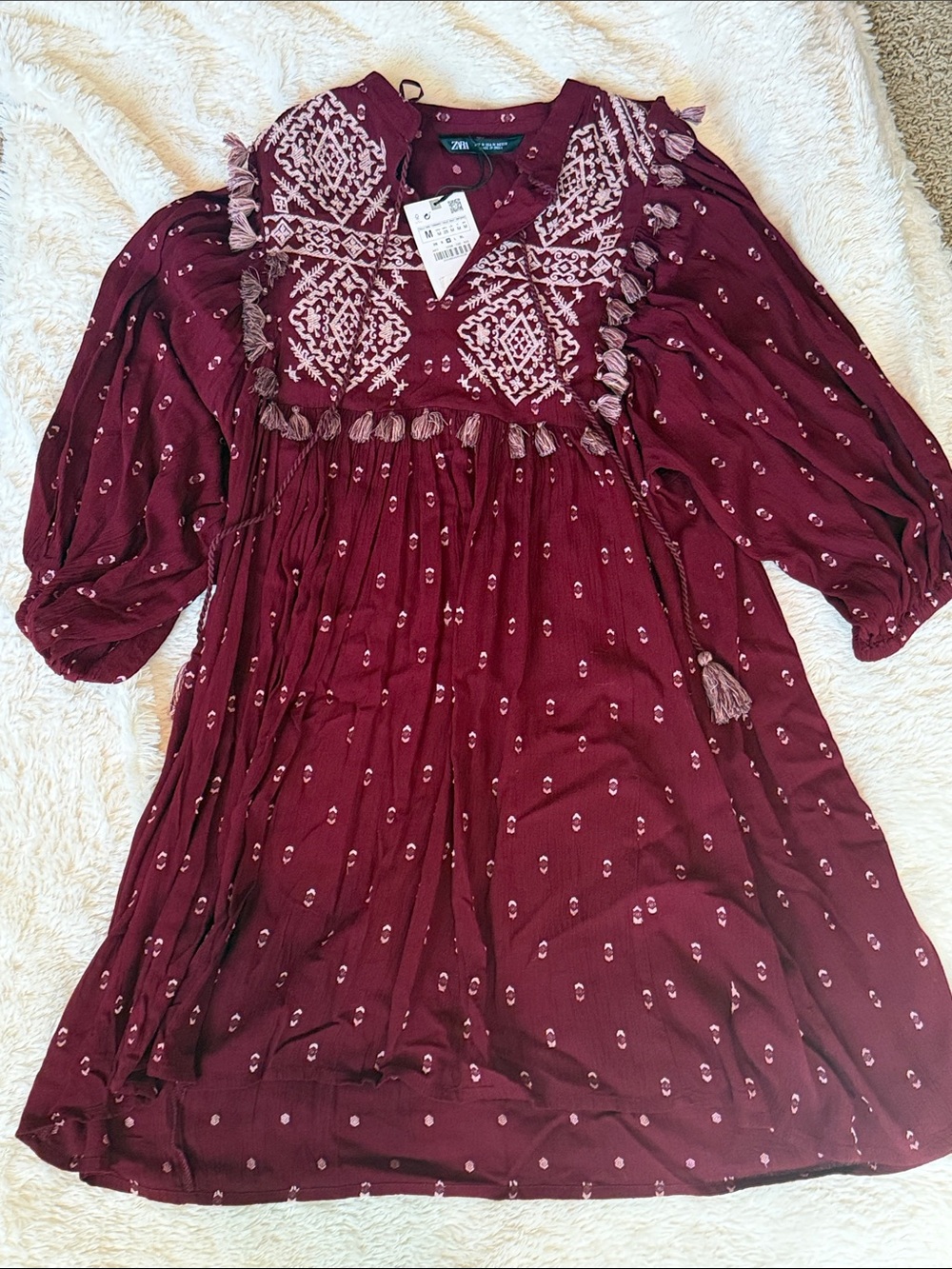 Zara Burgundy Embroidered Tassel Dress